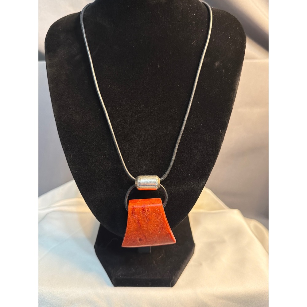 Sterling Silver 925 Orange Sponge Coral Pendant Black Leather Cord Necklace